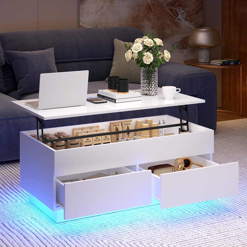 Contemporary White LED Coffee Table With Storage Drawers & Shelf
