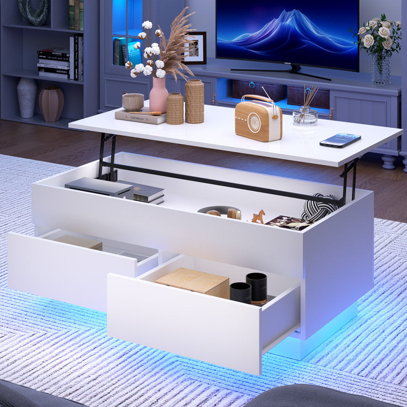 Contemporary White LED Coffee Table With Storage Drawers & Shelf