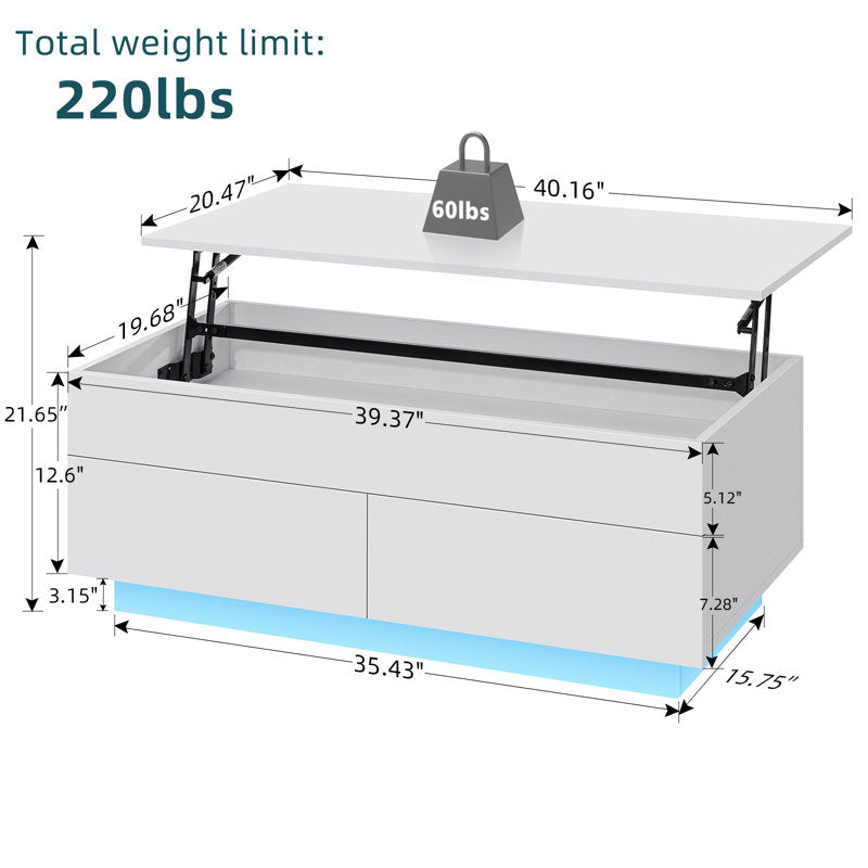 Contemporary White LED Coffee Table With Storage Drawers & Shelf