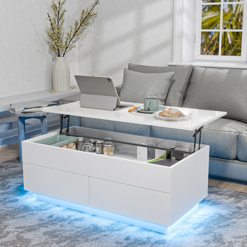 Contemporary White LED Coffee Table With Storage Drawers & Shelf