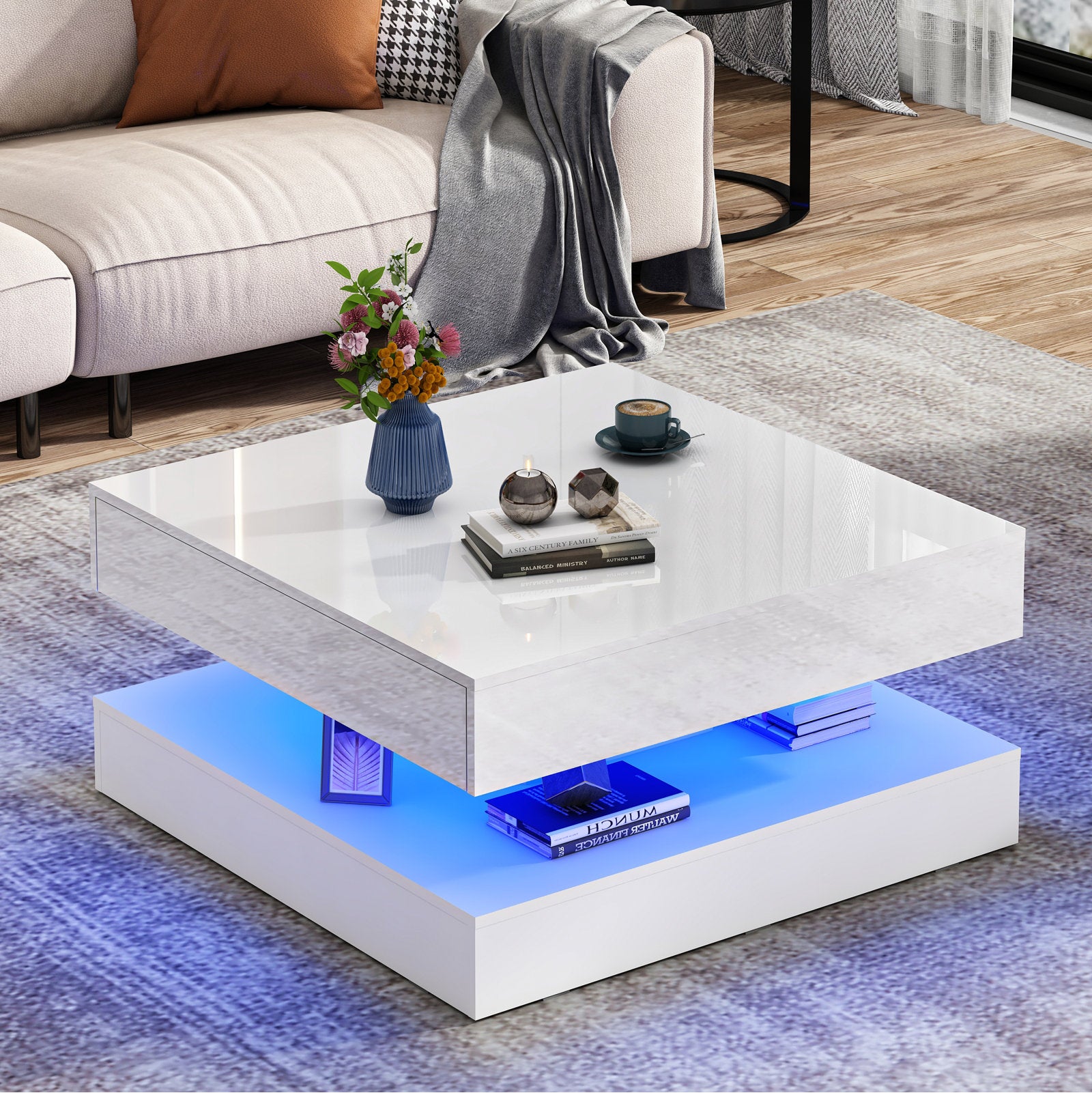 Square White LED Coffee Table With Open Display Shelf