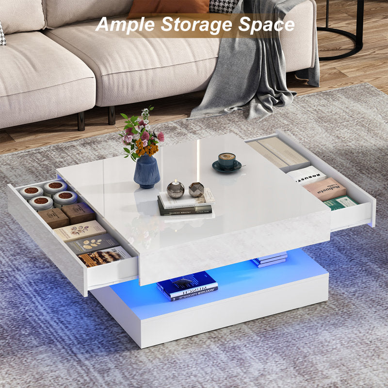 Square White LED Coffee Table With Open Display Shelf