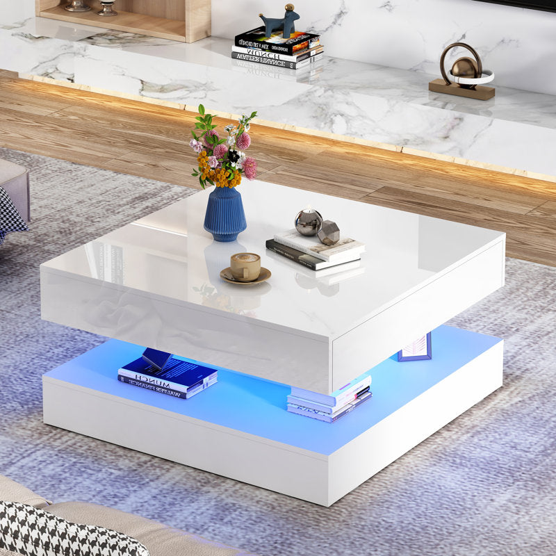 Square White LED Coffee Table With Open Display Shelf