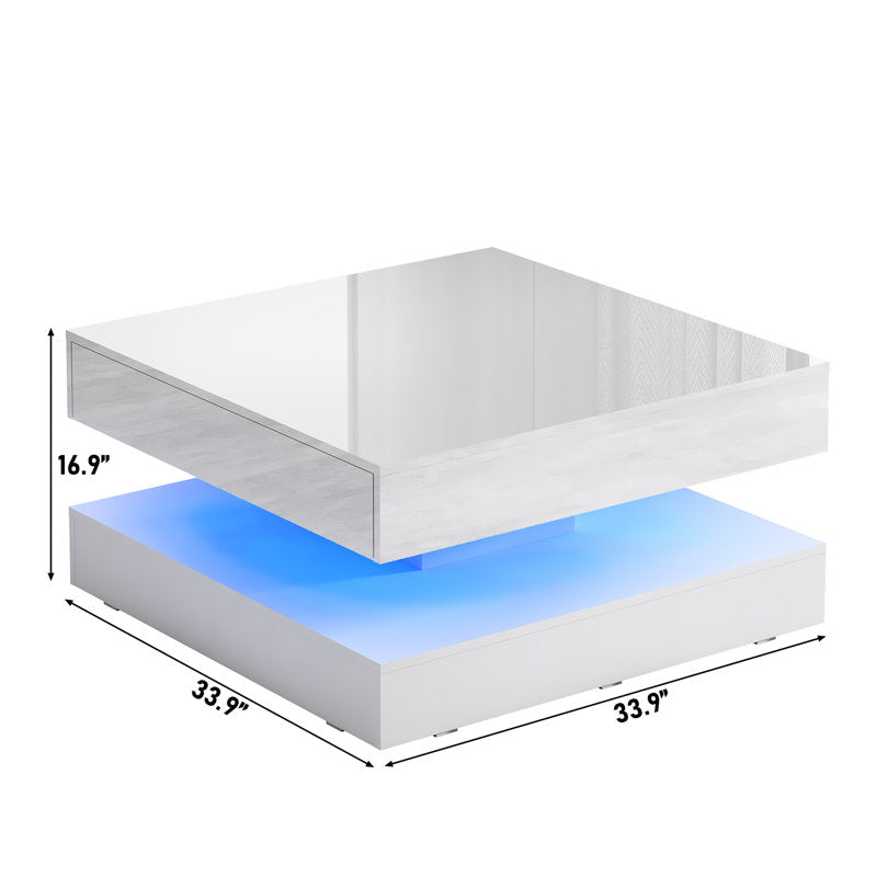 Square White LED Coffee Table With Open Display Shelf