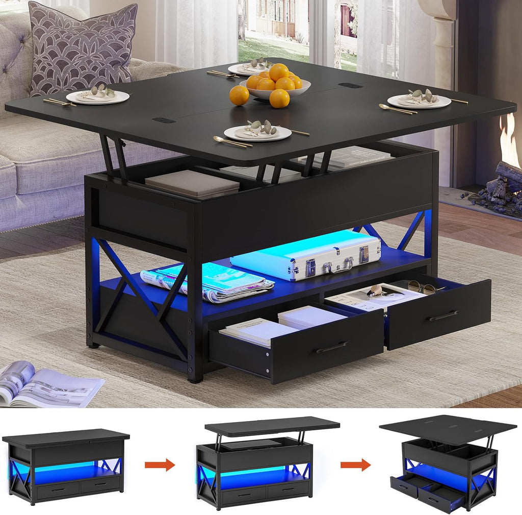 Modern LED Coffee Table With Lift Top Dining Surface