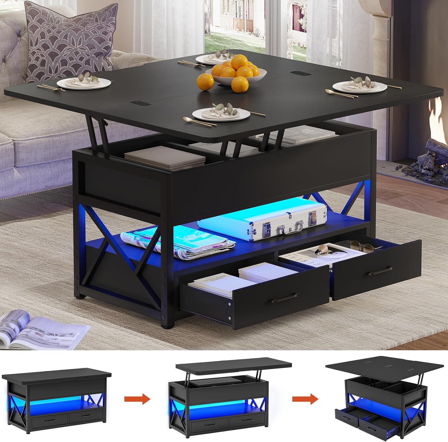 Modern LED Coffee Table With Lift Top Dining Surface