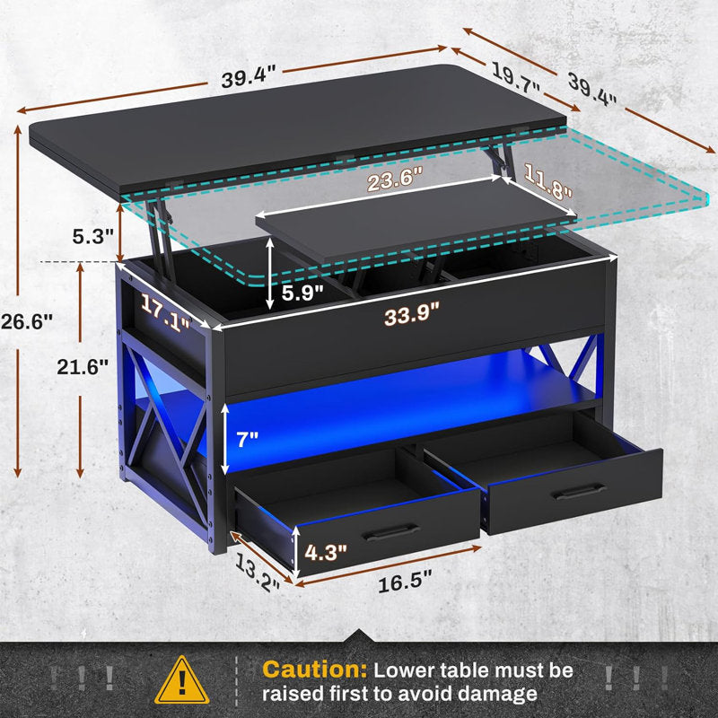 Modern LED Coffee Table With Lift Top Dining Surface