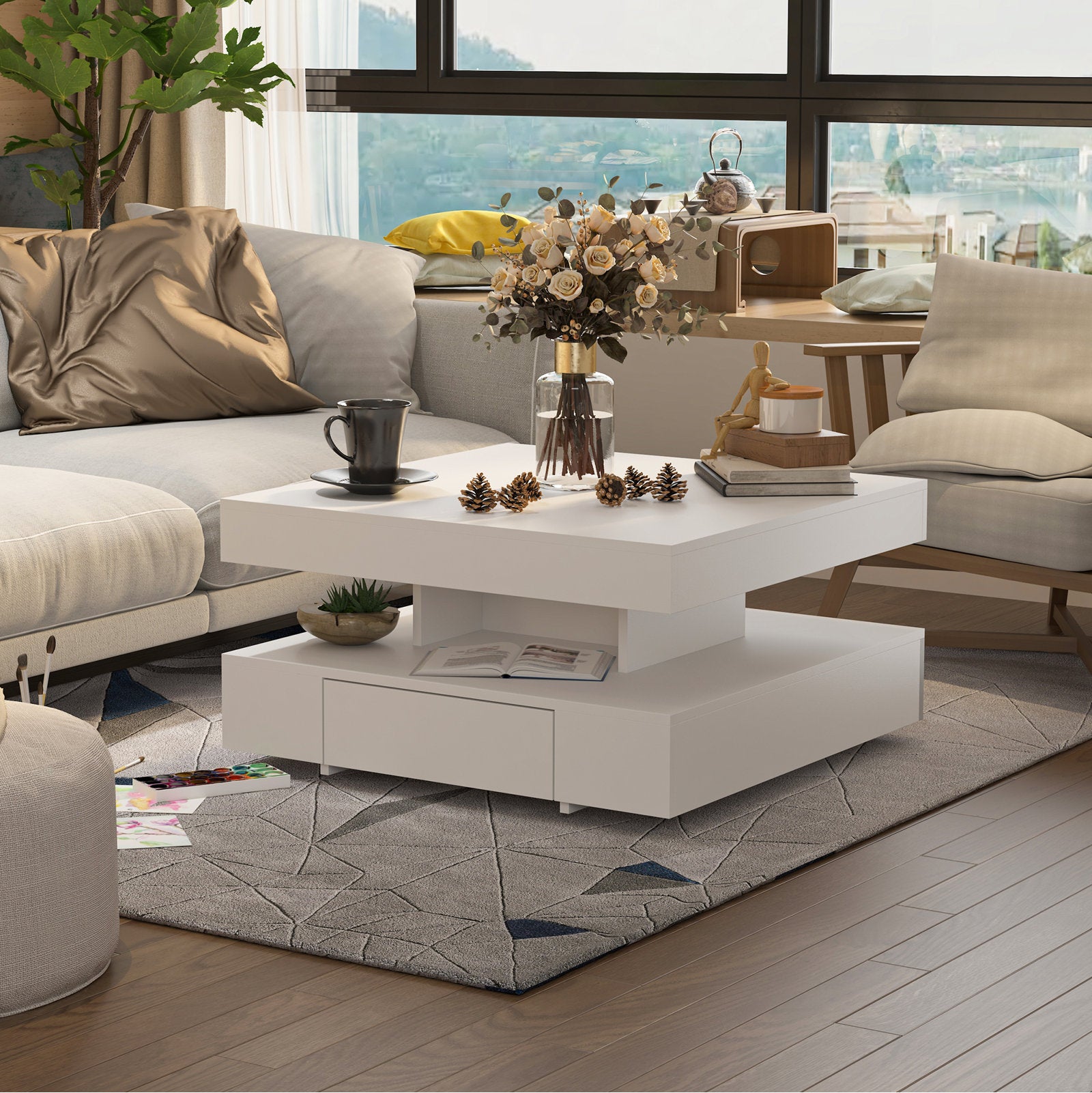 Square LED Coffee Table With Storage Drawer For Living Room