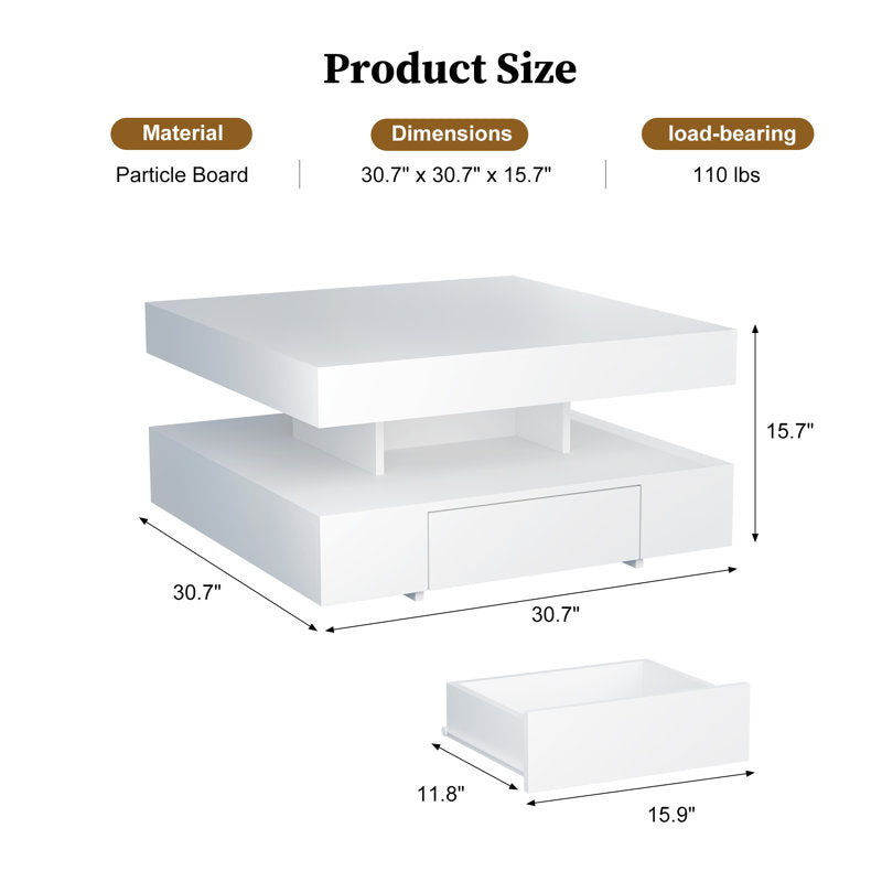Square LED Coffee Table With Storage Drawer For Living Room
