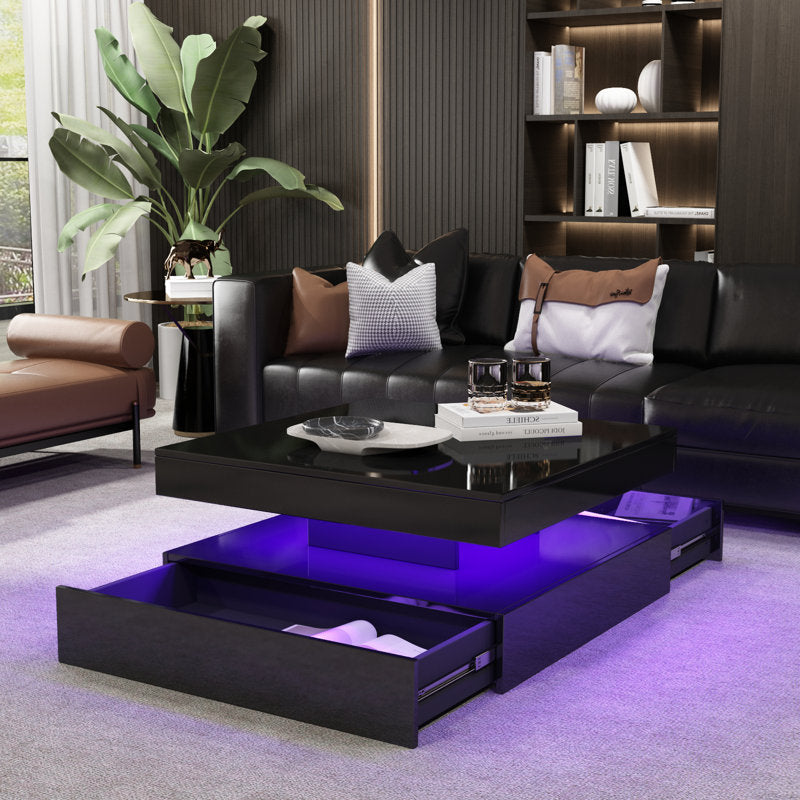Minimalist Black LED Coffee Table With Floating Design & Ambient Lights