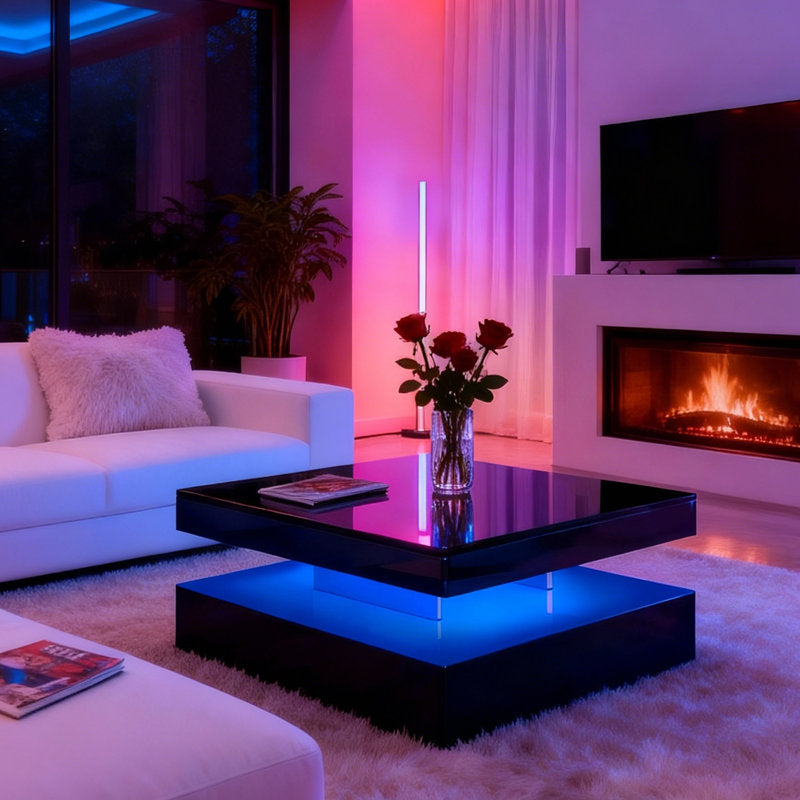 Minimalist Black LED Coffee Table With Floating Design & Ambient Lights
