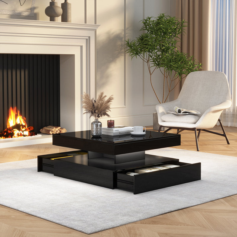 Minimalist Black LED Coffee Table With Floating Design & Ambient Lights