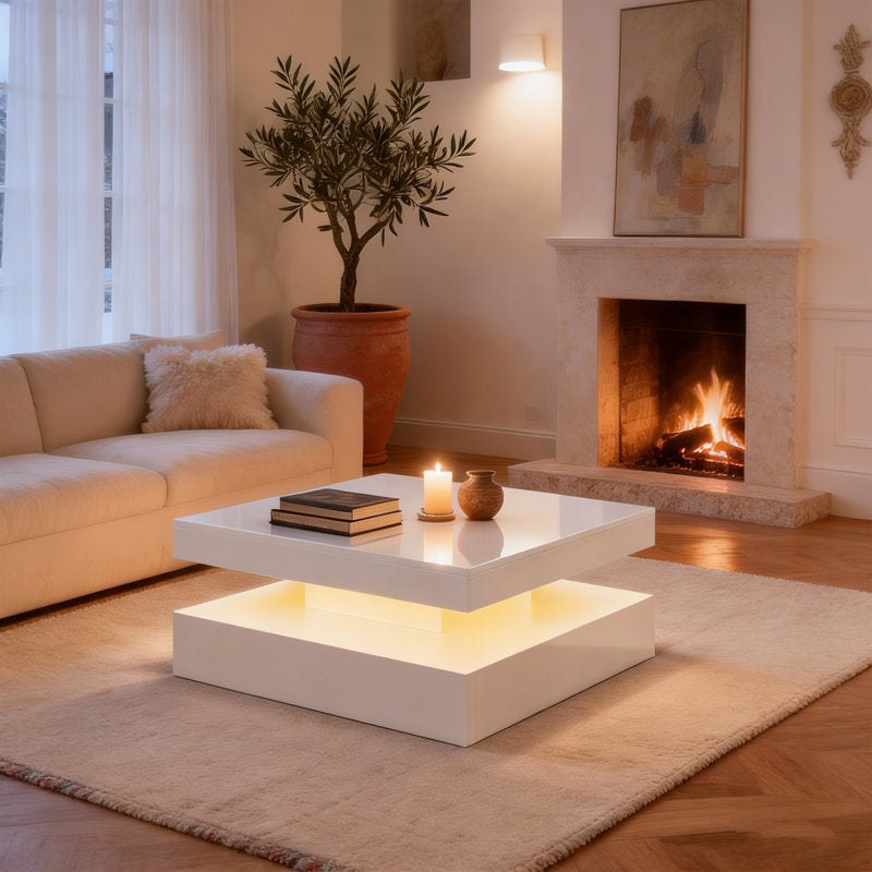 Minimalist White LED Coffee Table With Floating Design & Ambient Lights