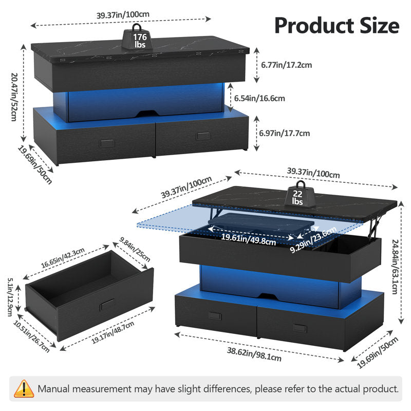 Modern Storage Black LED Coffee Table With Lift Top & 4 Drawer Storage