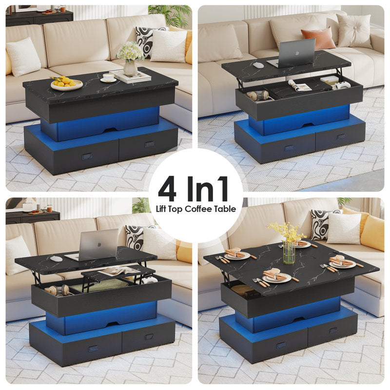 Modern Storage Black LED Coffee Table With Lift Top & 4 Drawer Storage
