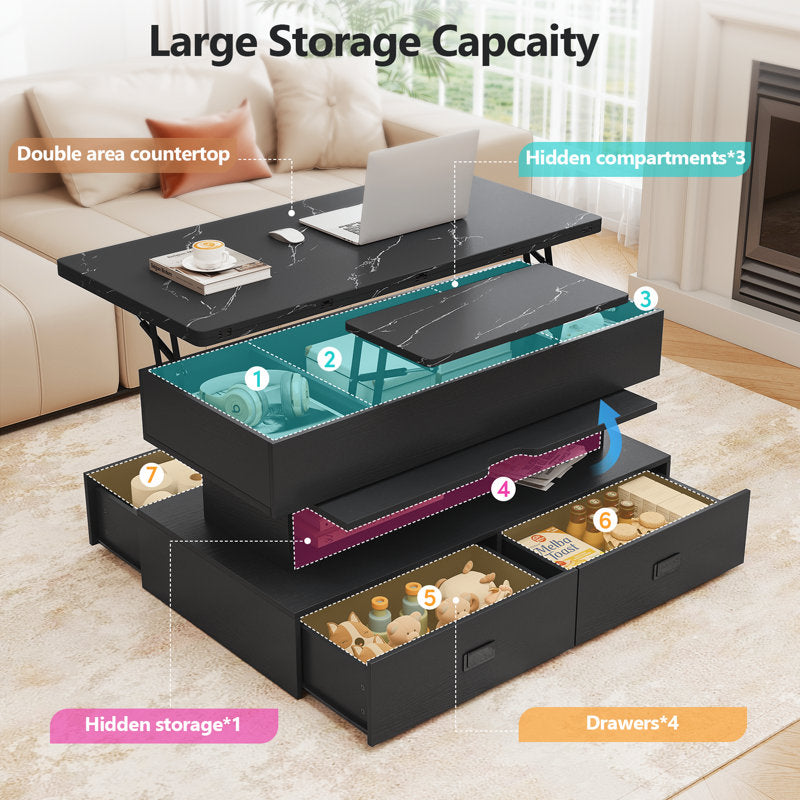 Modern Storage Black LED Coffee Table With Lift Top & 4 Drawer Storage