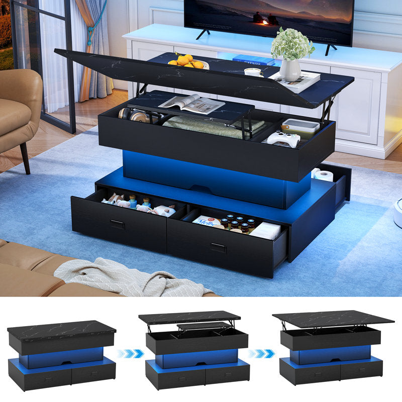 Modern Storage Black LED Coffee Table With Lift Top & 4 Drawer Storage
