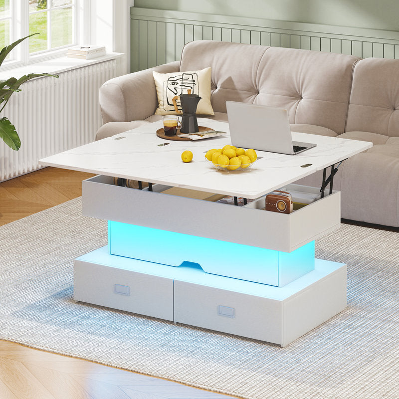 Modern Storage White LED Coffee Table With Lift Top & 4 Drawer Storage