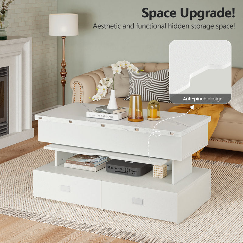 Modern Storage White LED Coffee Table With Lift Top & 4 Drawer Storage