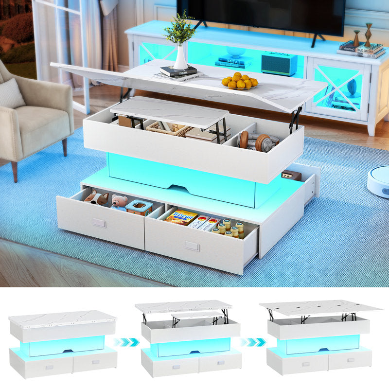 Modern Storage White LED Coffee Table With Lift Top & 4 Drawer Storage