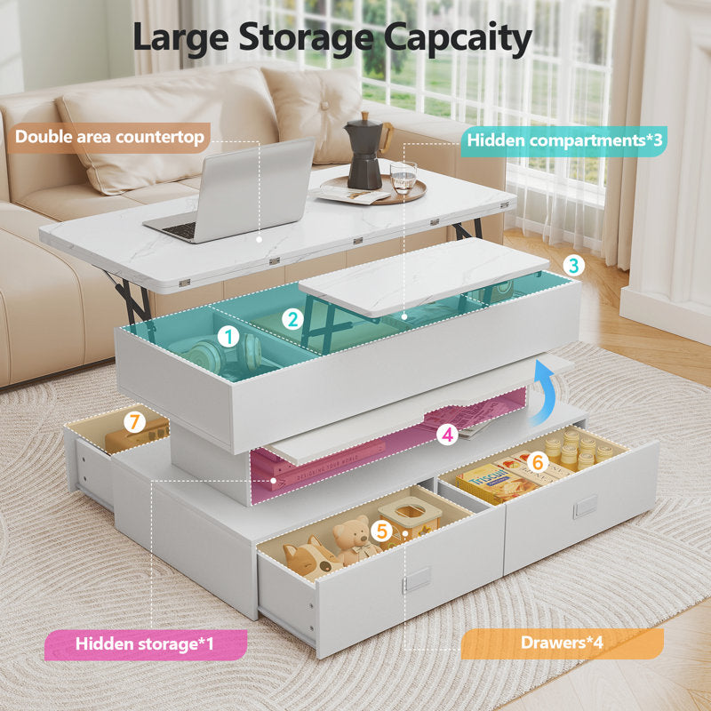 Modern Storage White LED Coffee Table With Lift Top & 4 Drawer Storage