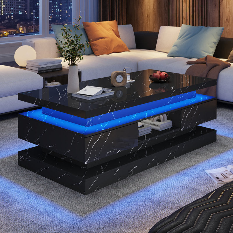 Modern Black LED Coffee Table With Marble Finish & Storage Drawers