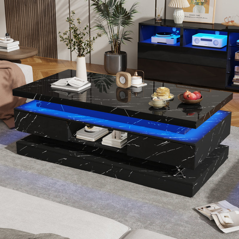 Modern Black LED Coffee Table With Marble Finish & Storage Drawers