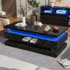 Modern Black LED Coffee Table With Marble Finish & Storage Drawers
