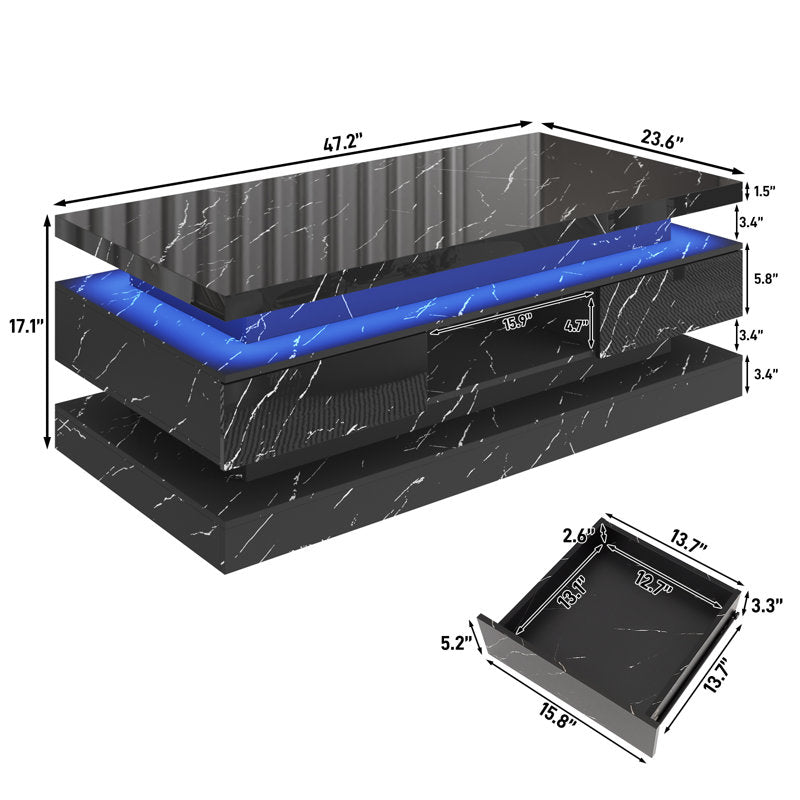 Modern Black LED Coffee Table With Marble Finish & Storage Drawers