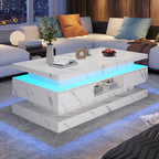 Modern White LED Coffee Table With Marble Finish & Storage Drawers