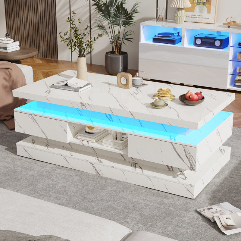 Modern White LED Coffee Table With Marble Finish & Storage Drawers