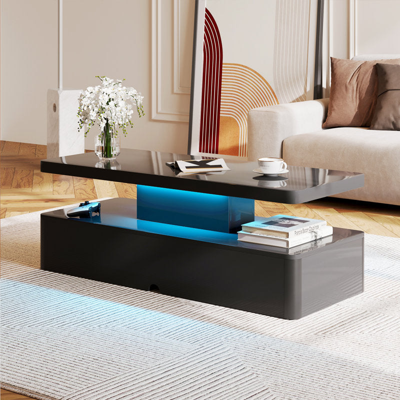 High Gloss Black LED Coffee Table With Modern Storage Base Design