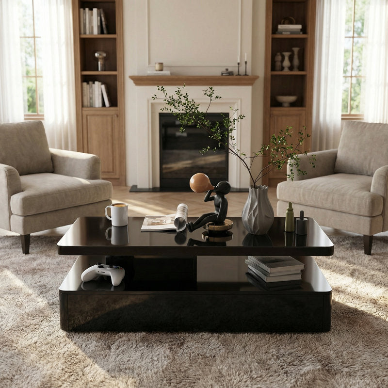 High Gloss Black LED Coffee Table With Modern Storage Base Design