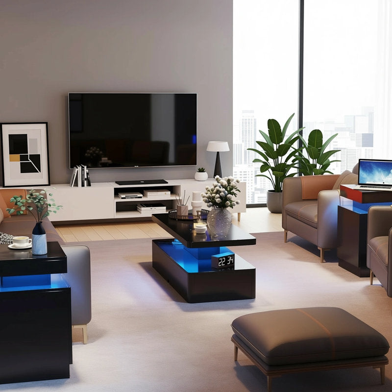 High Gloss Black LED Coffee Table With Modern Storage Base Design