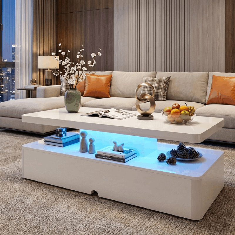 High Gloss White LED Coffee Table With Modern Storage Base Design
