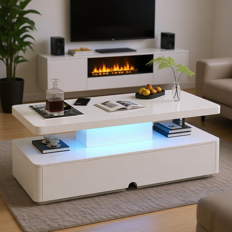 High Gloss White LED Coffee Table With Modern Storage Base Design