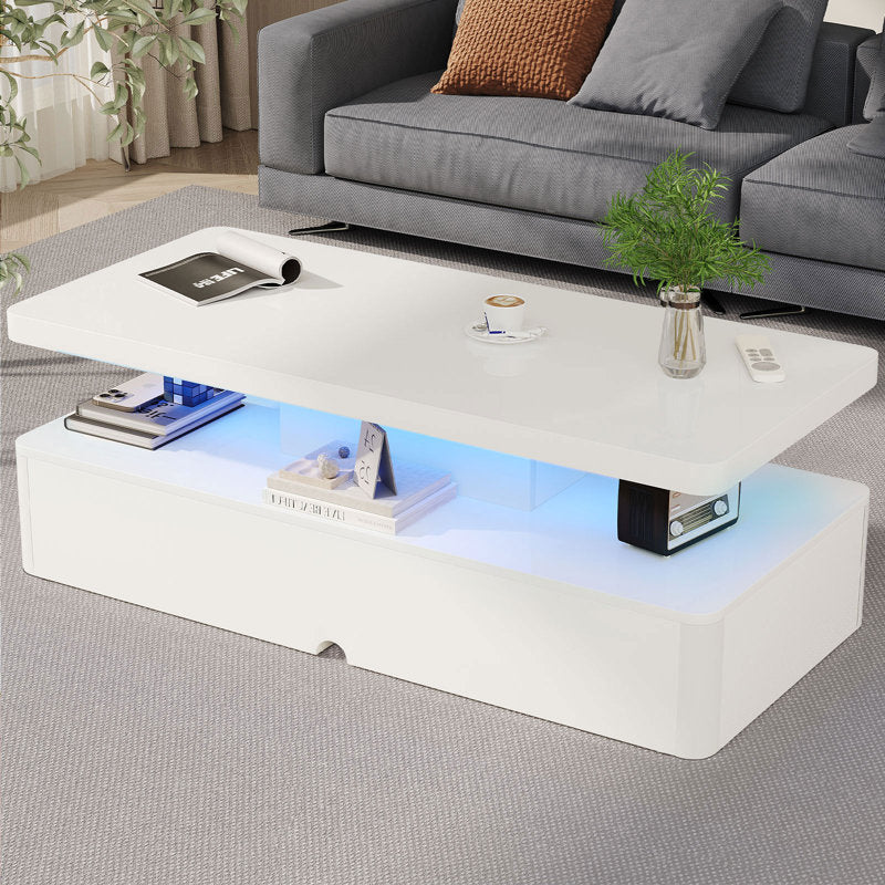 High Gloss White LED Coffee Table With Modern Storage Base Design