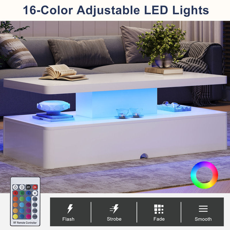 High Gloss White LED Coffee Table With Modern Storage Base Design