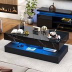 Modern Black LED Coffee Table With Marble Finish & Ambient Lighting Base