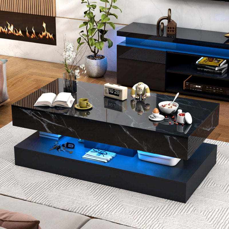 Modern Black LED Coffee Table With Marble Finish & Ambient Lighting Base