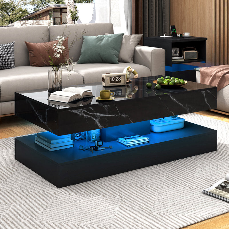 Modern Black LED Coffee Table With Marble Finish & Ambient Lighting Base