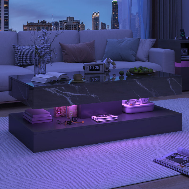 Modern Black LED Coffee Table With Marble Finish & Ambient Lighting Base