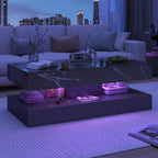 Modern Black LED Coffee Table With Marble Finish & Ambient Lighting Base