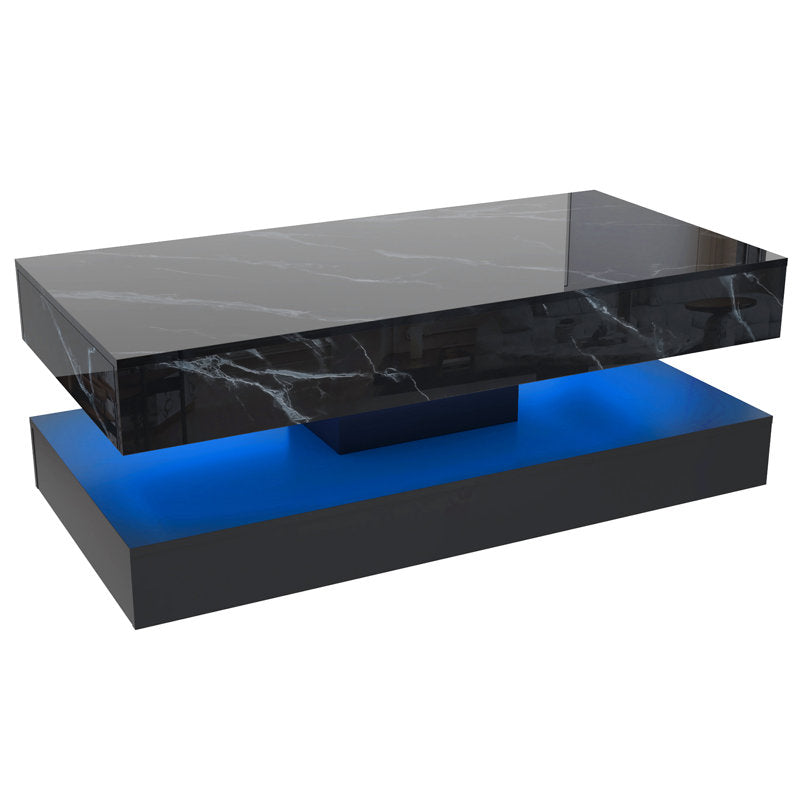 Modern Black LED Coffee Table With Marble Finish & Ambient Lighting Base