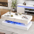 Modern White LED Coffee Table With Marble Finish & Ambient Lighting Base