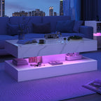 Modern White LED Coffee Table With Marble Finish & Ambient Lighting Base
