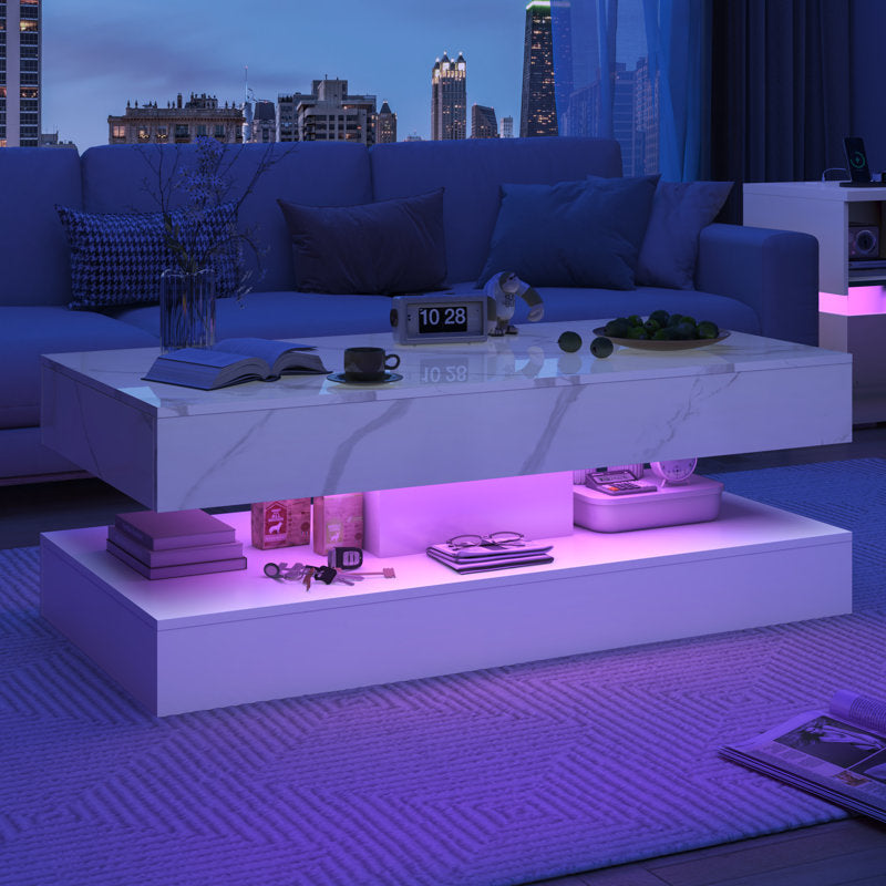 Modern White LED Coffee Table With Marble Finish & Ambient Lighting Base