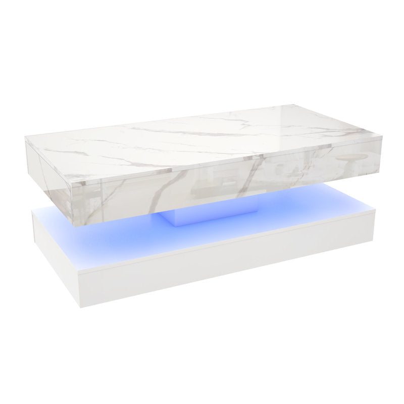 Modern White LED Coffee Table With Marble Finish & Ambient Lighting Base
