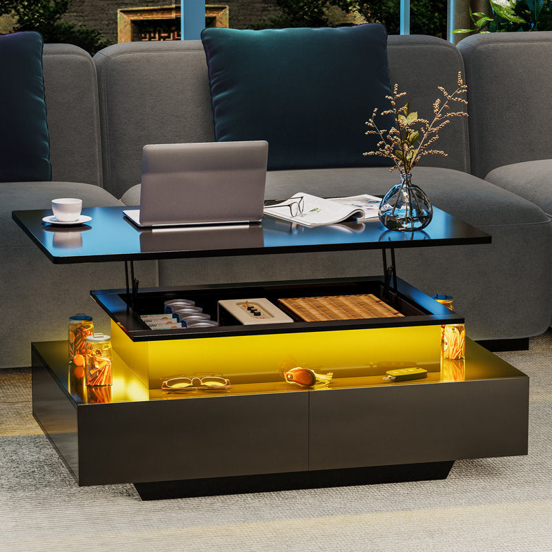 Minimalist Black LED Coffee Table With Modern Storage Design