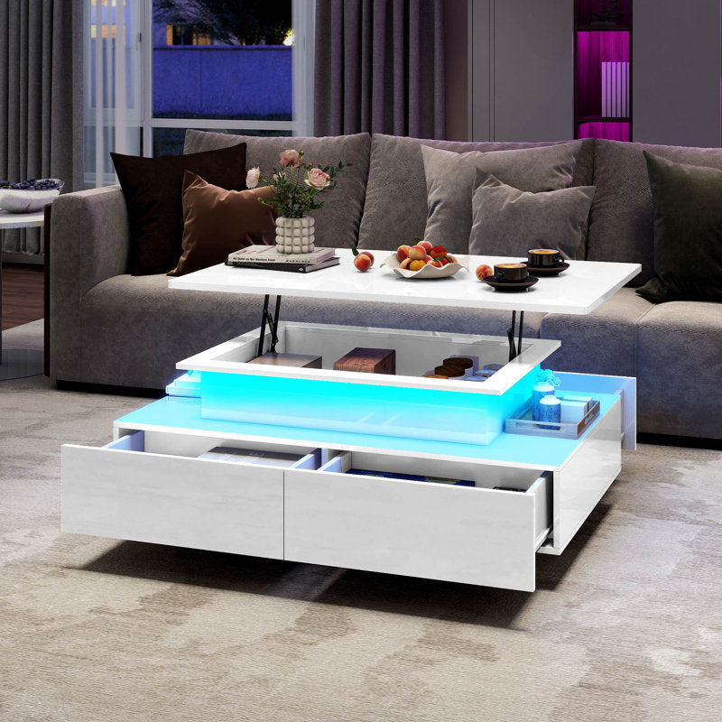 Minimalist White LED Coffee Table With Modern Storage Design